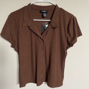 Just Polly Brown Slinky Cropped Ruched Polo Shirt XL, NWT, NEW